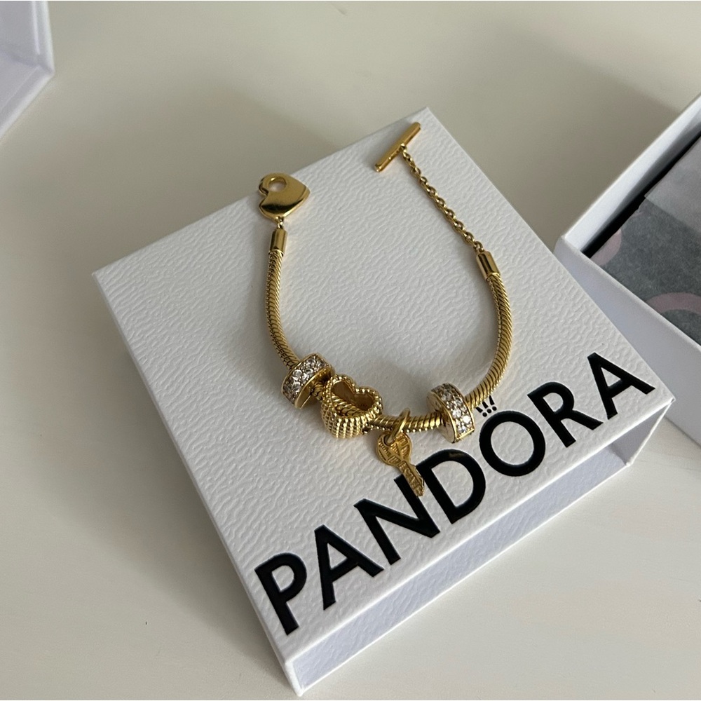 Pandora Bracelet - Pandora Moments Heart T-Bar, charms, and spacers size 16